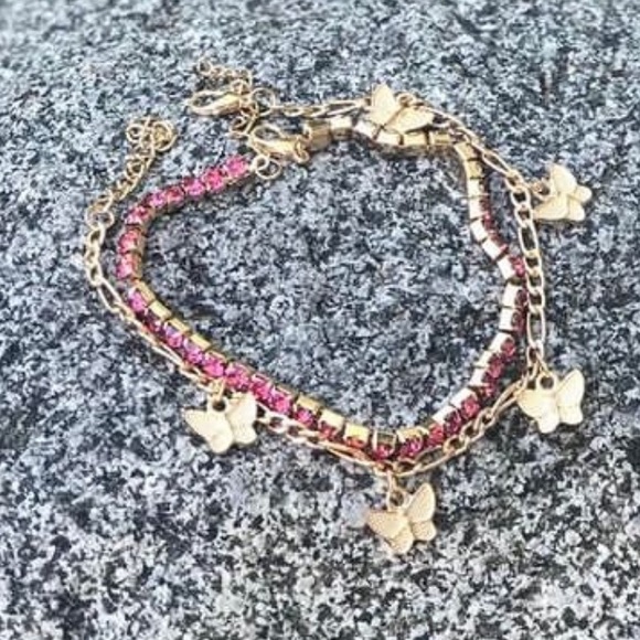 Gold Toned Butterfly & Pink Rhinestone Anklet Set - Picture 2 of 6